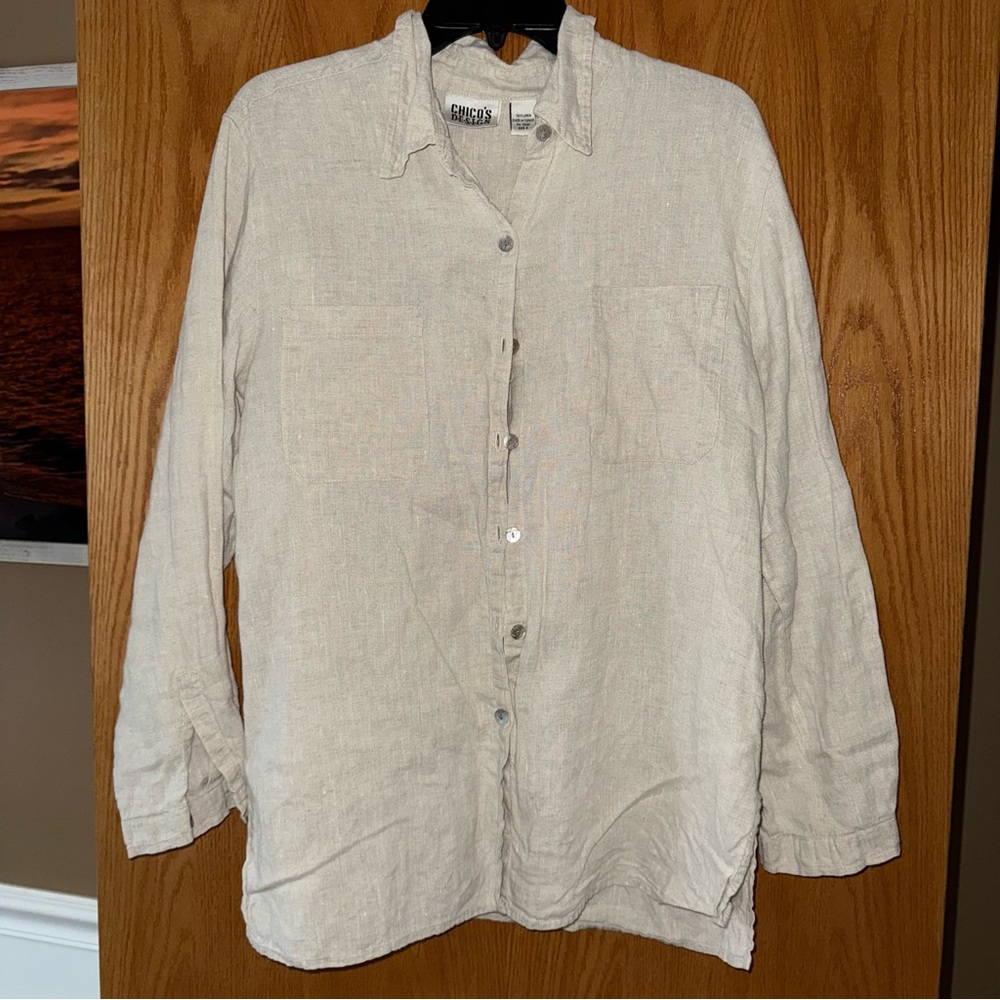 Chicos Beige Button-Up 100% Linen Shirt